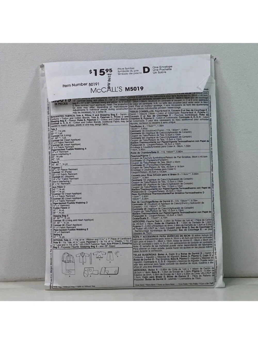 McCalls 18 Inch Doll Sewing Pattern Pajamas Robe Sleeping Bag M5019 Uncut Crafts